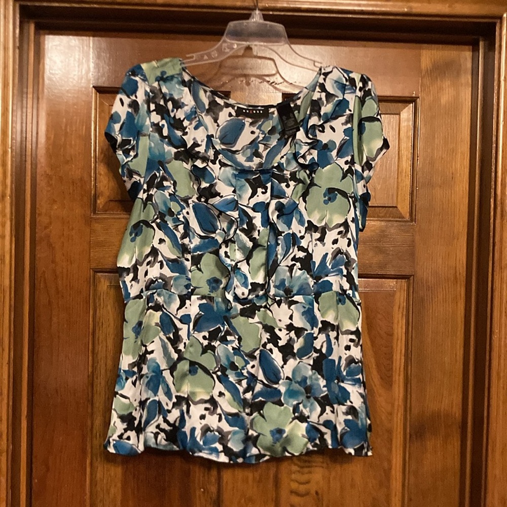 XL Axcess Blue and Green Ruffle Neck Blouse with Side Zipper
